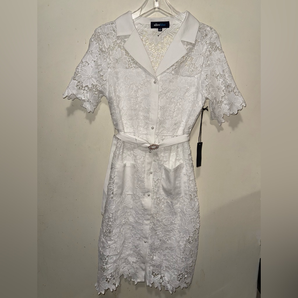 Alice Blue White Floral Lace Shirt Dress With Belt